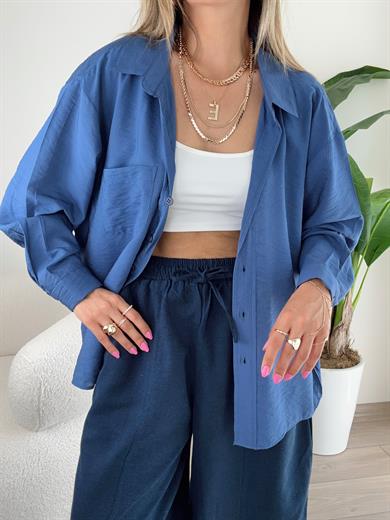 Cep Detaylı İndigo Oversize Gömlek