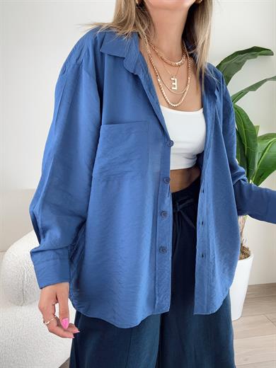 Cep Detaylı İndigo Oversize Gömlek