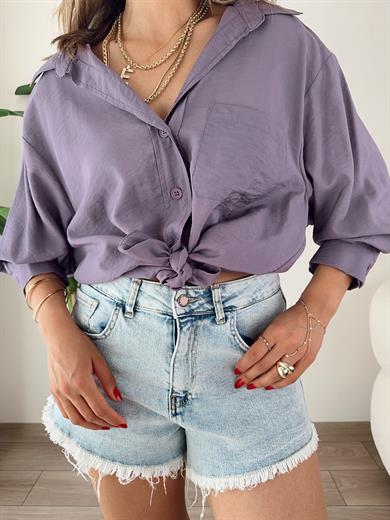 Cep Detaylı Lila Oversize Gömlek