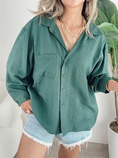 Cep Detaylı Zümrüt Oversize Gömlek