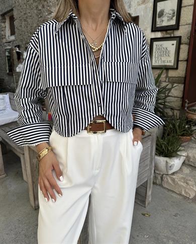 Çift Cep Çizgili Crop Gömlek