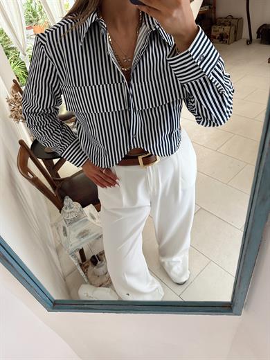 Çift Cep Çizgili Crop Gömlek