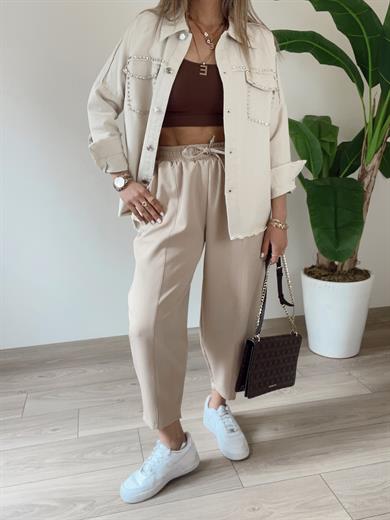 Cindy Bej Beli Lastikli  Şalvar Pantolon