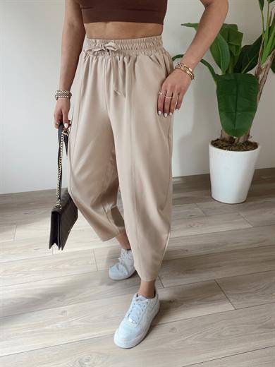 Cindy Bej Beli Lastikli  Şalvar Pantolon