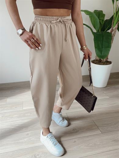 Cindy Bej Beli Lastikli  Şalvar Pantolon