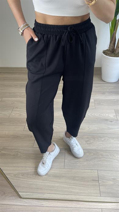 Cindy Siyah Beli Lastikli  Şalvar Pantolon