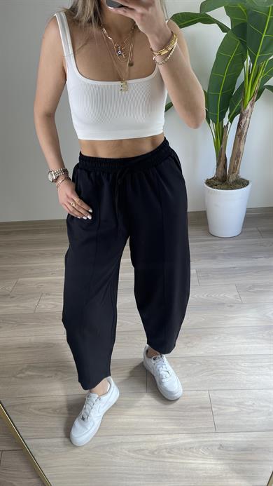 Cindy Siyah Beli Lastikli  Şalvar Pantolon