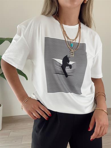 Çizgili Desen Ekru Tişört