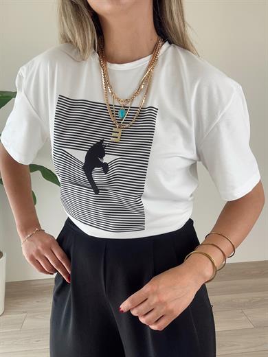 Çizgili Desen Ekru Tişört