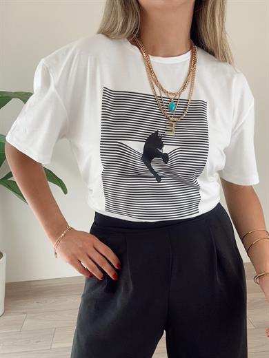 Çizgili Desen Ekru Tişört