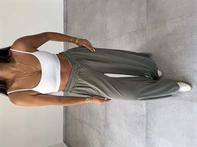 Comfort Haki Kruvaze Bel Detaylı Modal Bol Paça Pantolon
