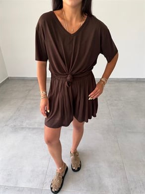 Comfort Kahve  Modal Kumaş V Yaka Bluz