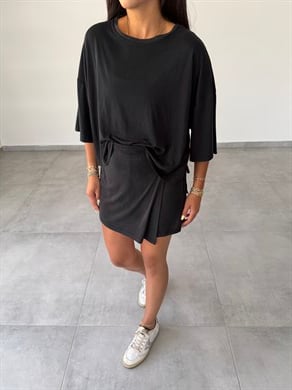Comfort Siyah Modal Düşük Kol T-Shirt
