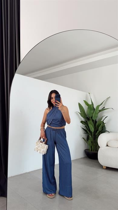 Denim Halter Yaka Bluz Pantolon Takım Mavi