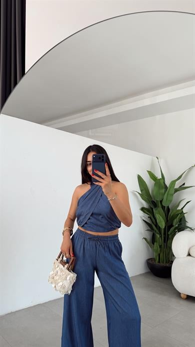 Denim Halter Yaka Bluz Pantolon Takım Mavi