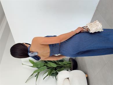 Denim Halter Yaka Bluz Pantolon Takım Mavi