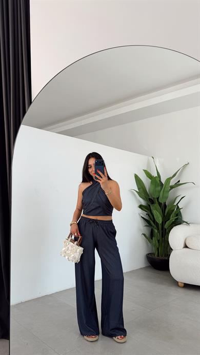Denim Halter Yaka Bluz Takım Lacivert