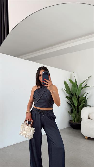 Denim Halter Yaka Bluz Takım Lacivert