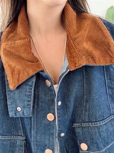Denim Kadife Yaka Detaylı Ceket