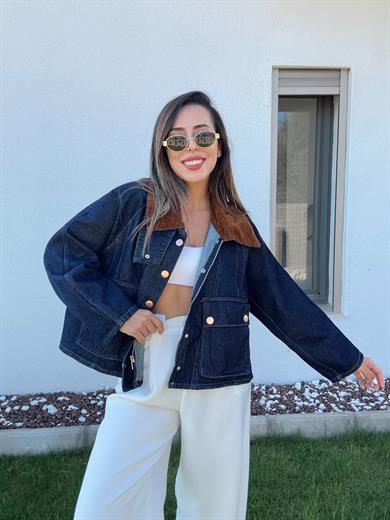 Denim Kadife Yaka Detaylı Ceket