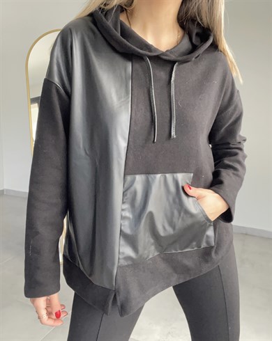Deri Detaylı Kapşonlu Sweatshirt