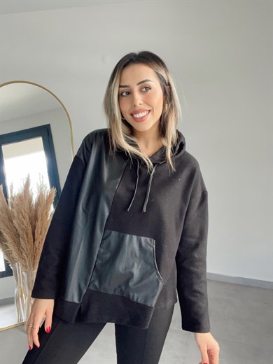 Deri Detaylı Kapşonlu Sweatshirt