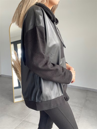 Deri Detaylı Kapşonlu Sweatshirt