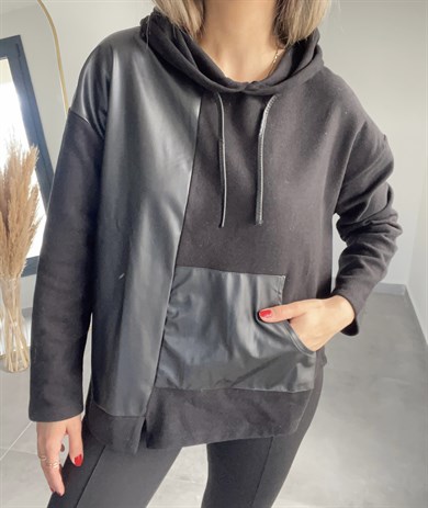 Deri Detaylı Kapşonlu Sweatshirt