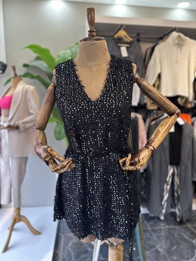 V Yaka Mini Elbise-Siyah-Gri