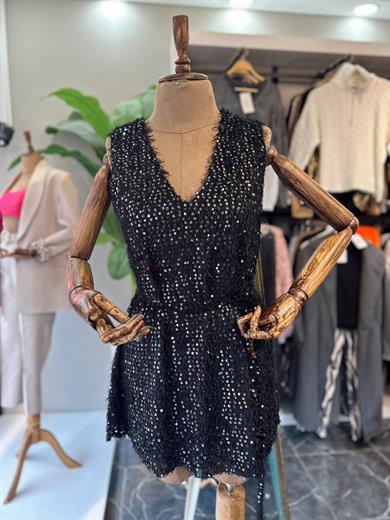 V Yaka Mini Elbise-Siyah-Gri