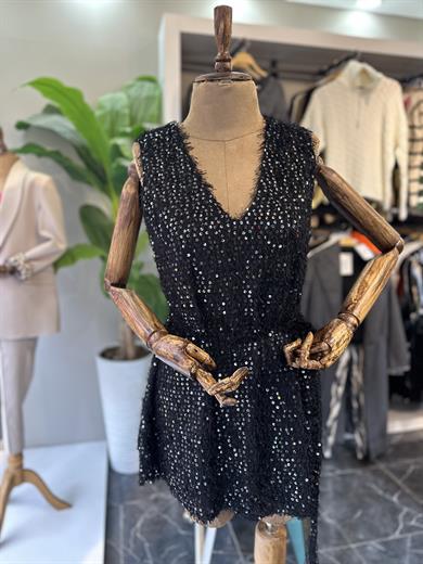 V Yaka Mini Elbise-Siyah-Gri