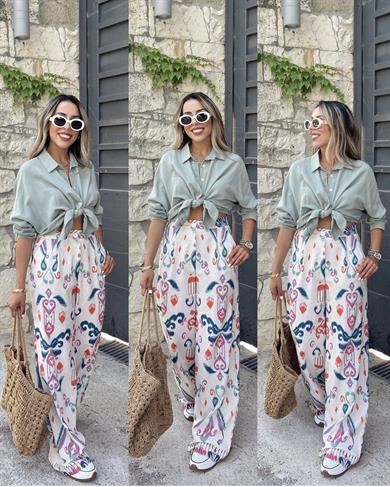 Desenli Keten Pantolon