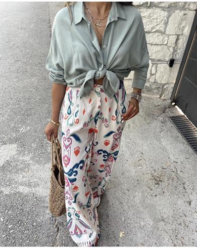 Desenli Keten Pantolon