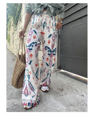 Desenli Keten Pantolon