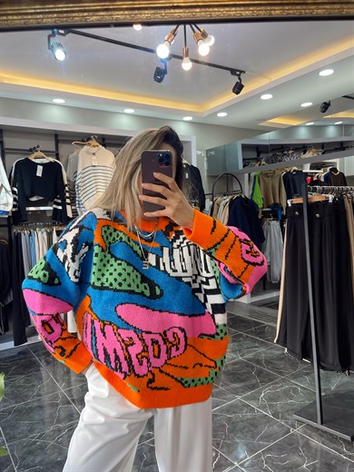 Desenli Triko Kazak-Oranj