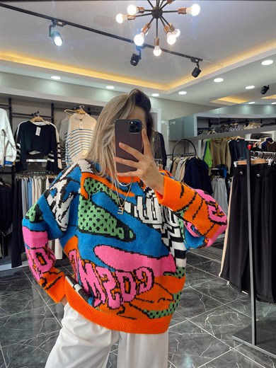 Desenli Triko Kazak-Oranj