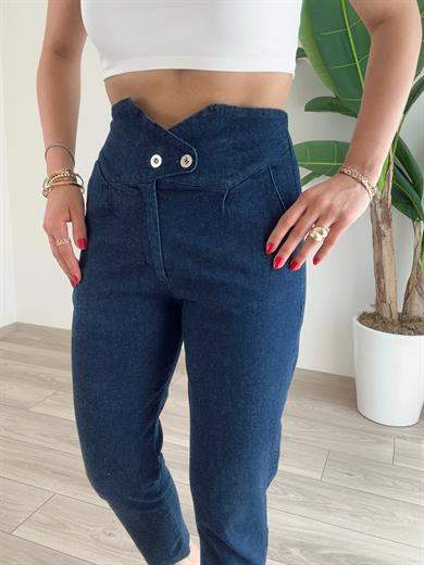 Düğme Detaylı Koyu Mavi Kot