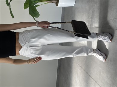 Düğme Detaylı Yüksek Bel Ekru Deri Pantolon