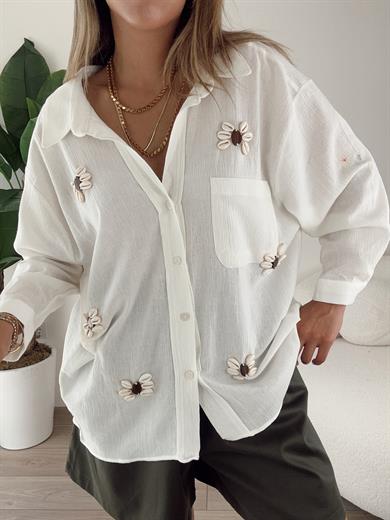 Düşük Omuz Deniz Kabuklu Beyaz Gömlek