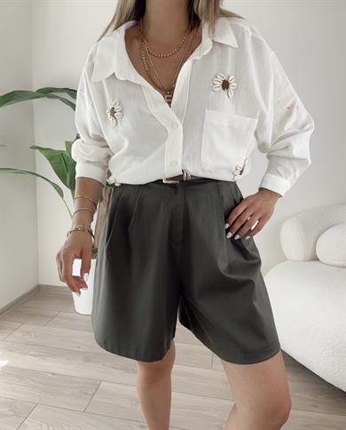 Düşük Omuz Deniz Kabuklu Beyaz Gömlek