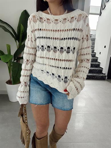Ekru Ajurlu Triko Bluz