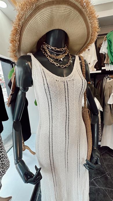 Ekru Ajurlu Triko Elbise