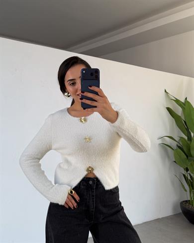 Ekru Aksesuar Detaylı Sakallı Bluz