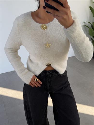 Ekru Aksesuar Detaylı Sakallı Bluz