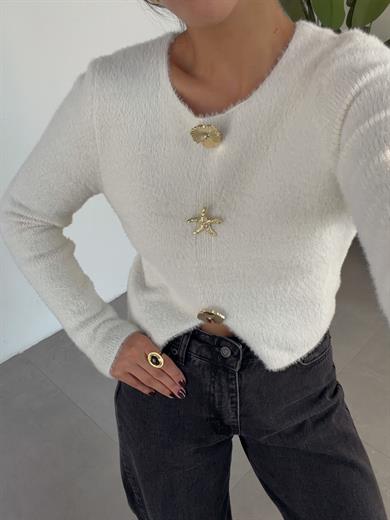 Ekru Aksesuar Detaylı Sakallı Bluz