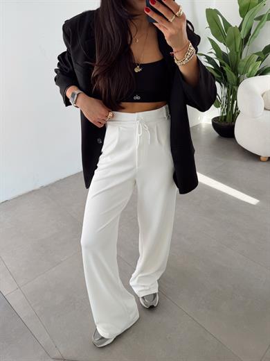 Ekru Arka Lastikli Düğme Detaylı Palazzo Pantolon