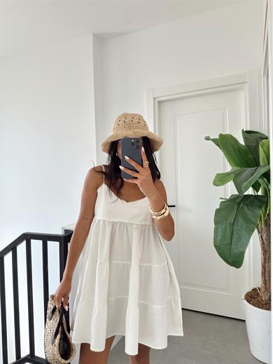 Ekru Askılı Mini Elbise