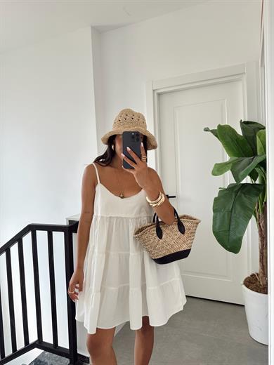 Ekru Askılı Mini Elbise