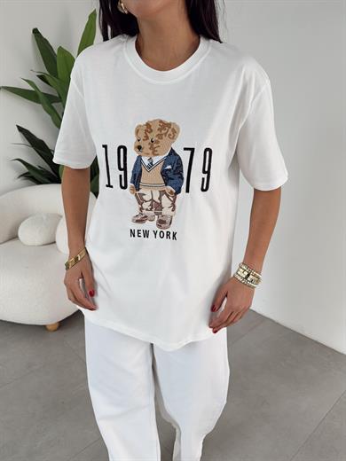 Ekru Ayıcık Baskılı Bisiklet Yaka Tshirt