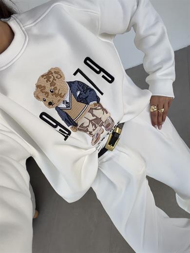 Ekru Ayıcık Desenli Sweatshirt